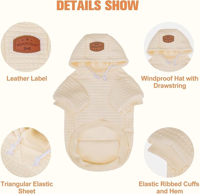 BEAUTYZOO Dog Hoodie with Leash Hole and Pocket,Dog Sweaters for Small Medium Large Dogs Boys Girls,Waffle-Like Laminated Cotton Warm Outfits for French Bulldogs, Pitbull, Winter Puppy Clothes Jacket