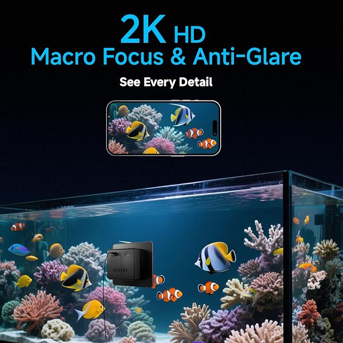 2K HD Aquarium & Terrarium WiFi Pet Camera,140° Wide-Angle Anti-Glare & Anti-Reflection,Night Vision for Fish & Reptiles,Two-Way Audio,Glass-Mount Enclosure Monitor,AI-Powered Detection,24/7 Recording