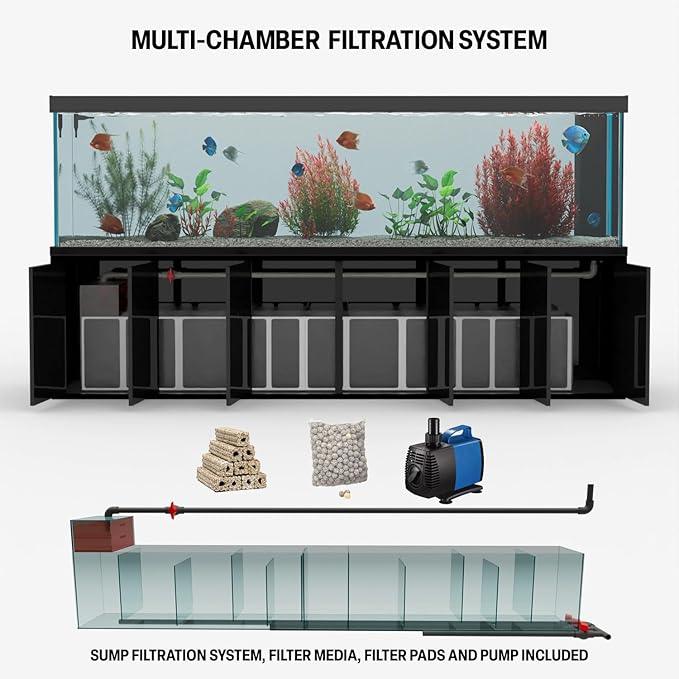 Aqua Dream 500 Gallon Black Aquarium Kit with Stand & Sump Filtration System - Commercial Reef Fish Tank with Ultra-Clear Tempered Glass