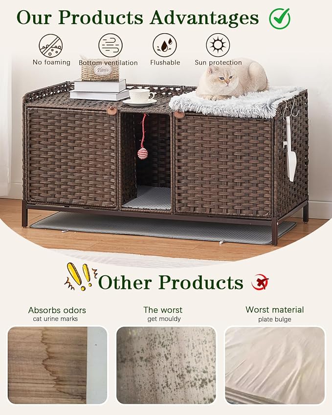 Cat Litter Box Enclosure for 2 Cats, Hidden Litter Box Furniture with Mat, Large Rattan Cat House with Double Room and Door, 47.3 L x 19.7 W x 24 H, 2 S-Shaped Hooks for Living Room Brown