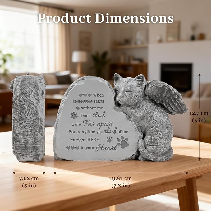 Cat Memorial Gifts for Loss of Cat, Pet Loss Sympathy Gift, Angle Cat Figurine Placed in Outdoor Garden or on Tombstone, Pet Memorial Stone