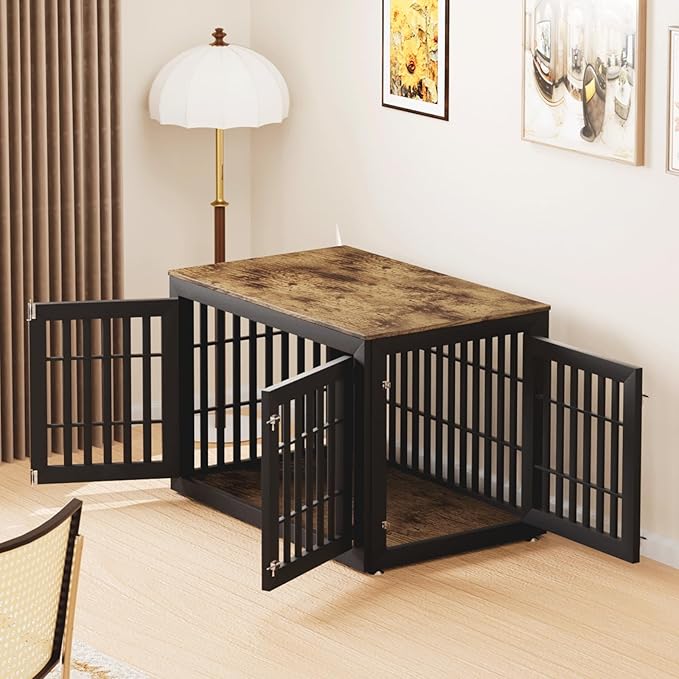 48" Heavy Duty Dog Crate Furniture for Small,Medium and Large Dogs,Rustic Wooden Dog Cage Kennel Indoor Furniture with Waterproof Top,Decorative Pet House Side End Table (Black & Wood)