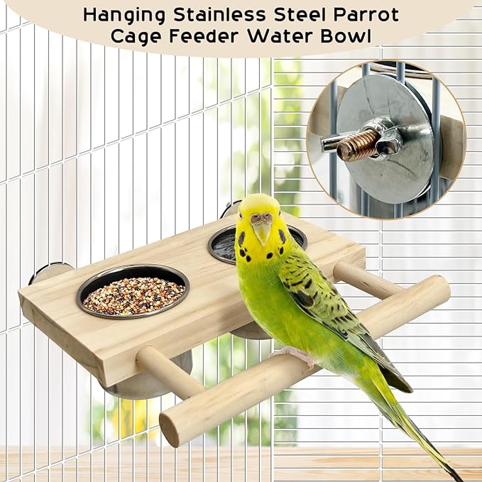 Tfwadmx Bird Feeding Dish Cups with Wooden Platform Hanging Stainless Steel Parrot Cage Feeder Bowl Wood Perch Stand for Parakeet Cockatiels Lovebirds Budgie (Small)