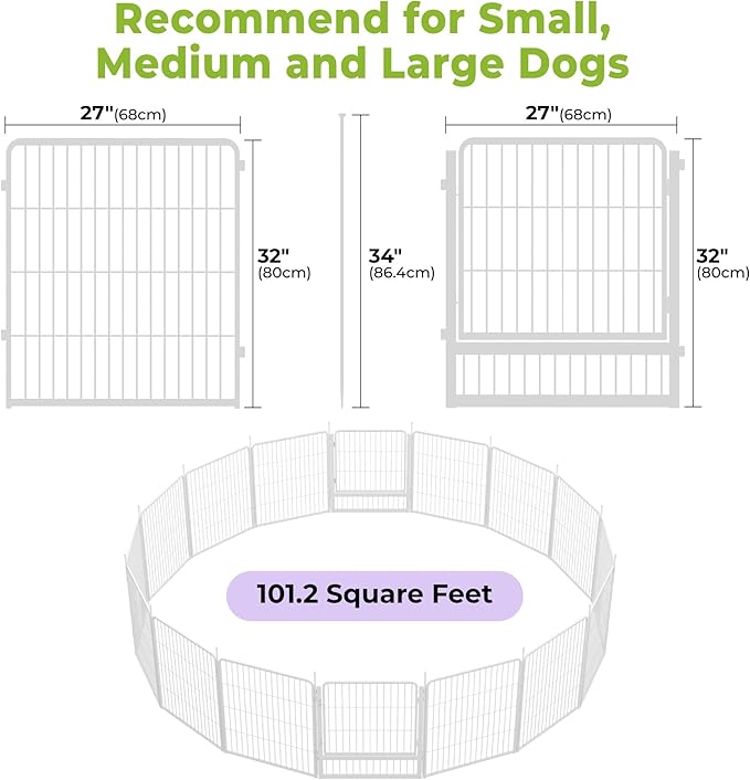 SunsGrove Dog Play Pen Indoors, 32 Inch 16 Panels Dog Playpen for Small and Medium Dogs, Easy Setup Anti-Rust Pet Fence, White