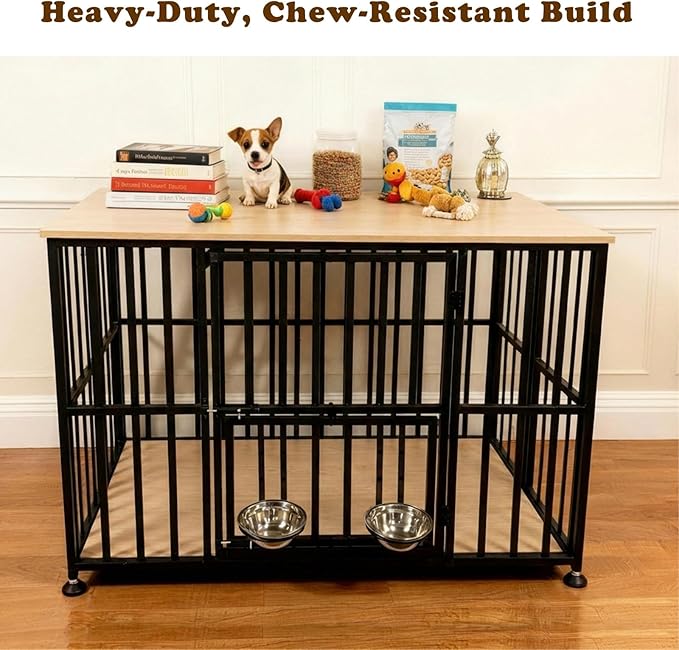 48" Dog Crate Furniture Foldable, Large Dog Kennel Furniture with Swing-Out Bowl & Dual Base Sets (Feet+Wheel), No Assembly Foldable Dog Crate Furniture, End Table for Large Dogs, Warm Gray