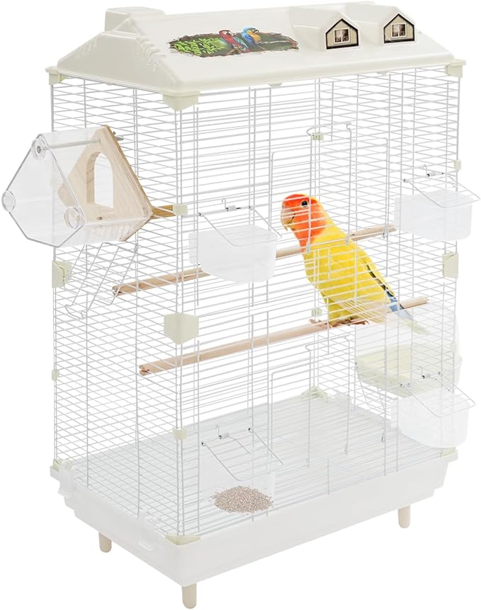 2-Door Wrought Iron Bird Cage Parakeet Cage with Roof, 30" H Parrot Cage Pet Birds Flight Cage, Interactive Birdcages Bird House Travel Cages for 4-6 Small Birds (Iron Mesh)