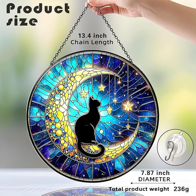 Midnight Black Cat on Moon Stained Glass Suncatcher - Celestial Window Hanging Decor for Feline Lovers, Heartfelt Pet Loss Memorial Gift, Unique Sympathy Decor for Grieving Cat Owners