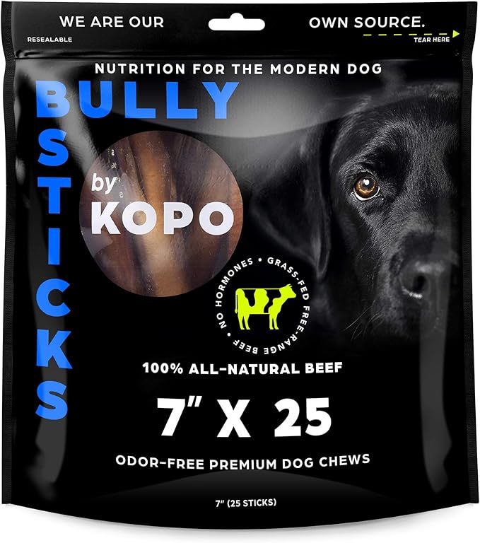 Kopo Dog Bully Sticks 7 inch - Regular Size, 25 Pack - Chew Sticks - 100% All Natural Beef Pizzle, One Ingredient Treats - More Protein Than Collagen Sticks - Long Lasting Dog Treats