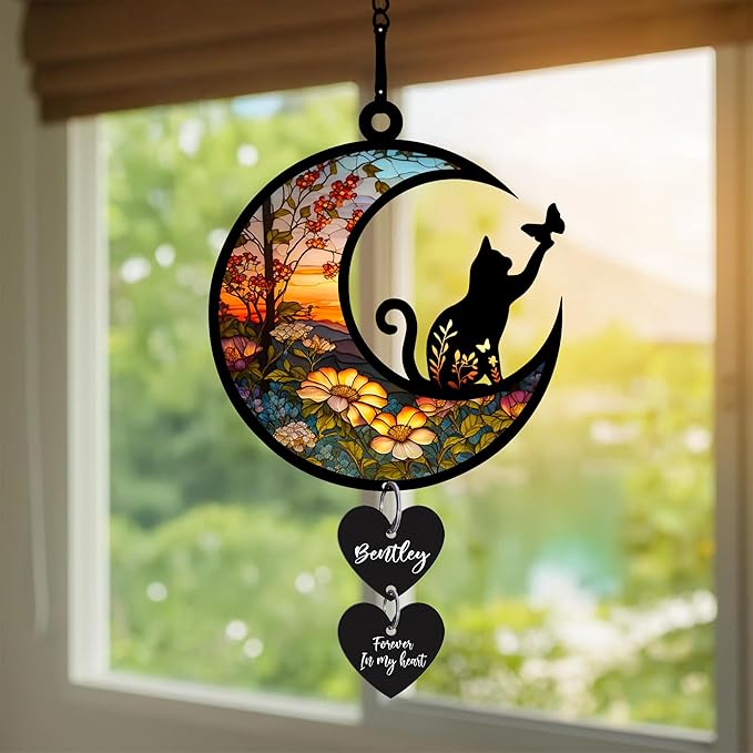 NAZENTI Personalized Cat Memorial Suncatcher, Loss of Pets Hanging Ornament, Custom Cats Remembrance Gifts, Sympathy Gift, Bereavement Gifts Cats, Cat Wind Chimes Memorial, Pet Owner