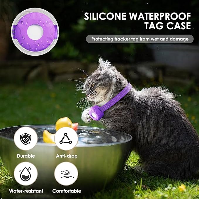 GPS Tracker for Cats, Cat Tracker Compatible with Apple Find My App (Only iOS), No Monthly Fee, Waterproof (White Tracker, Purple Cat Collar)