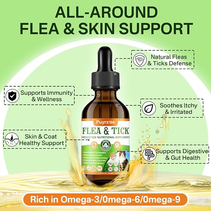Flea and Tick Prevention for Cats, Natural Oral Cat Flea Treatment Drops with Pumpkin Seed, Echinacea & Omega-3/6/9- Support Immunity, Healthy Skin & Coat, Digestion & Overall Wellness, 60 ML