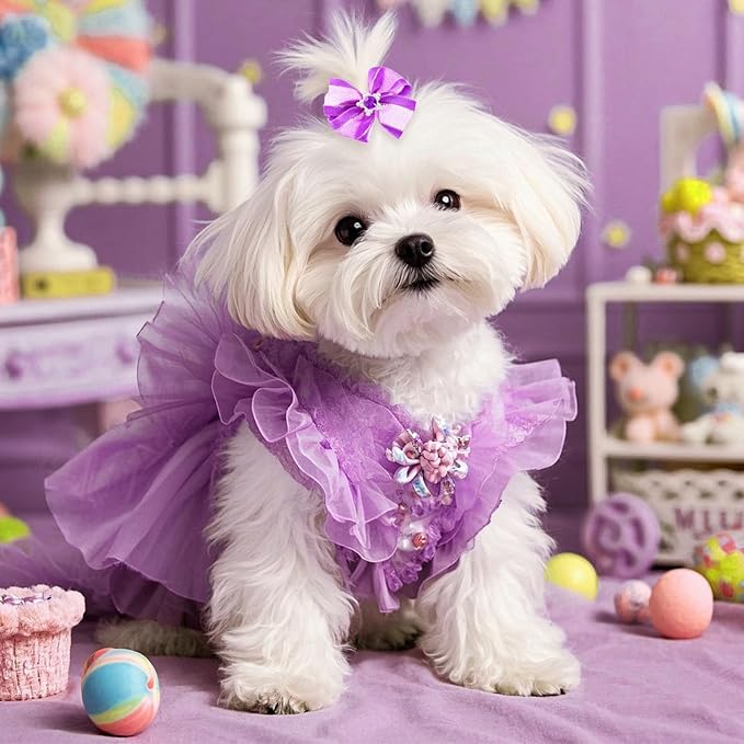 20 PCS Cute Dog Hair Bows with Rubber Bands Elastic Handmade Mix Style Lace Rhinestone Pearls for Furry Puppy Cat Pet Girl, Dark Purple