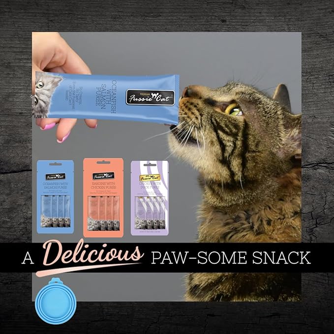 Fussie Cat Premium Puree Lickable Cat Treats in Chicken Puree, Lickable Treats, 3 Packs of 4-0.5oz Tubes,(12 Total Tubes) Variety Flavor Pack of 3 Flavors. Oceanfish, Sardine, Chicken + Lid