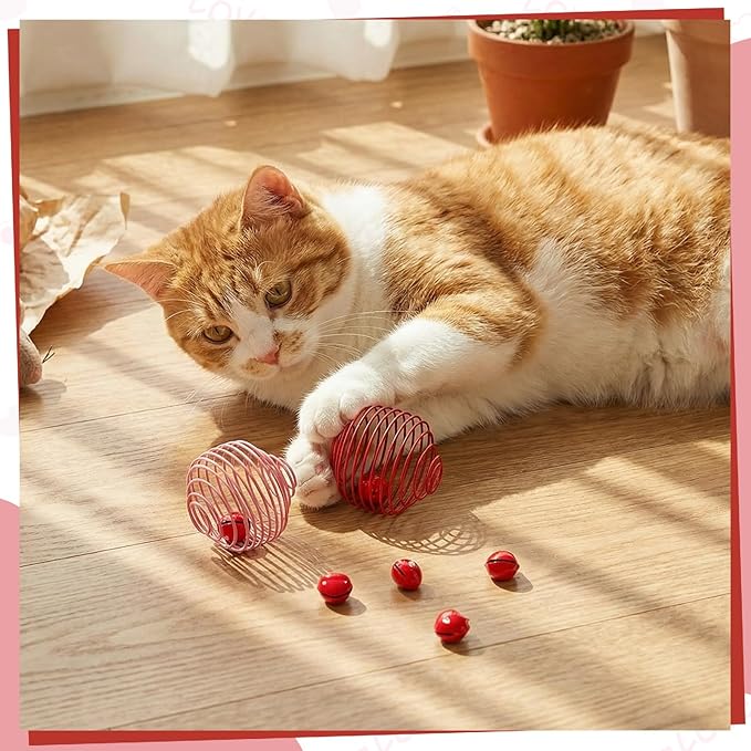 Jecery 5 Pcs Cat Spring Balls Toys Stretchable Rolling Balls Colorful Playful Coils Interactive Action Toy Caged Rats for Kitten Pet Supplies (Heart Bel,Pink Red)