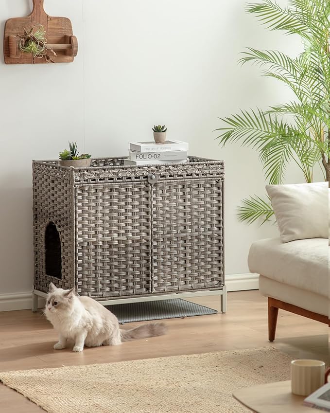 Cat Litter Box Enclosure Furniture, Hidden Handwoven Rattan Litter Box with Mat, Large Cat House with Metal Heightened Feet, 30.3 x 18.3 x 28 Inches, Indoor for Living Room, Bedroom Gray