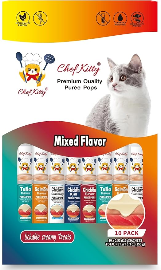 Cat Treats Lickable | Grain-Free Cat Food Toppers, High Protein | Creamy Puree Squeeze Ups with Vitamin E & Taurine, Digestible Formula | 0.5 oz. Each Tube, Chicken & Seafood Mix Variety | 10 Tubes