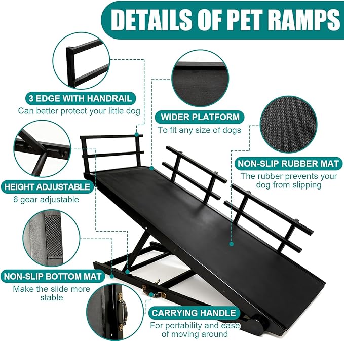 CypherX Dog Ramp for Couch or Bed, 18" W Folding Wooden Pet Ramp with Anti-Slip Rubber Mat & 3 Removable Safety Side Rails, 6 Adjustable Height from 17" to 29" for Small & Large Dogs & Cats