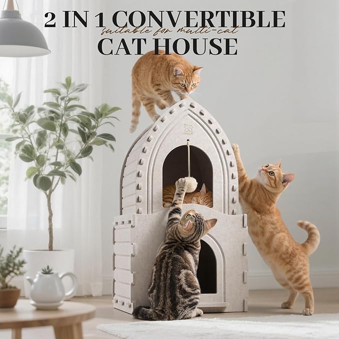 Apasiri Indoor Cat House for 2 Cats: 2-in-1 Double-Deck Cat House, Sturdy and Scratch-Resistant, Original Castle Design, A Perfect Indoor Cat Cave for Multiple Small Pets and Kittens