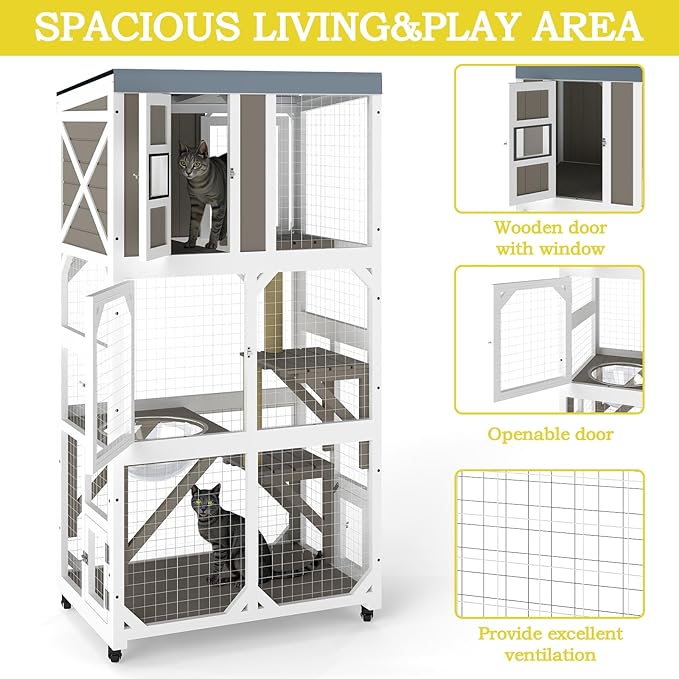 64.4" L Catio Outdoor Cat Enclosure,Outdoor Cats House with 10 Platforms & 2 Space Capsules,Wooden Cat Catio Cats Enclosure with Weatherproof Oxford Cloth Roof & 8 Wheels,Grey