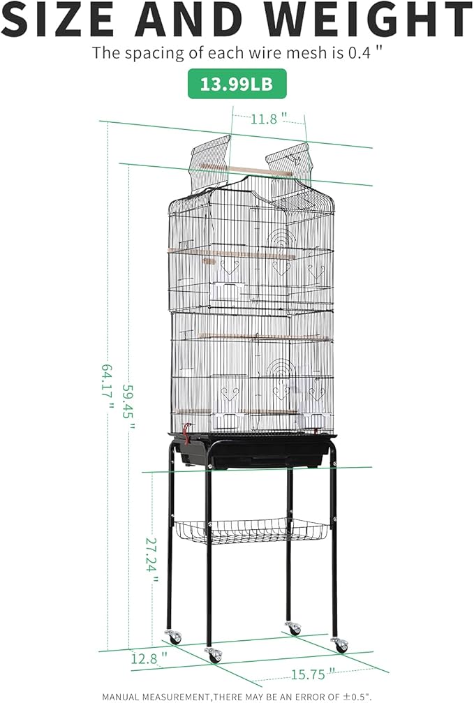 HCY Open Top Standing Bird Cage 64 Inch with Rolling Stand for Parakeets Cockatiel Parrots Lovebirds Medium Small Bird Cage-Black, L18 * W14 * H62 inches