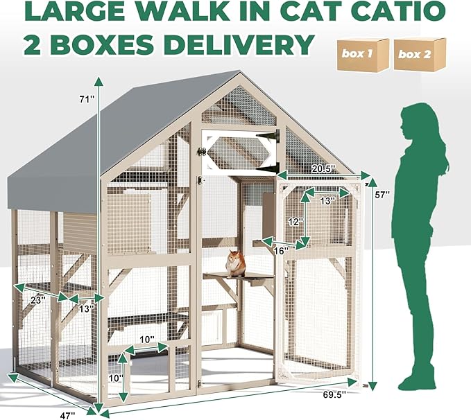 71" H Catio Outdoor Cat Enclosure Weatherproof, Large Walk-in Cat House Attached Window for Multiple Cats, Waterproof Cat Cage Kitty Enclosure Outside with 2 Condos, 6 Platforms