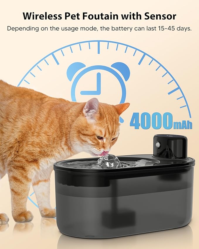 3.2L/108oz Wireless Cat Water Fountain, Dog Water Fountain, Pet Water Fountain with Motion Sensor, Rechargeable and Easy to Clean, Battery Operated Cat Water Fountain with 1 Filters for Cat Inside,Dog