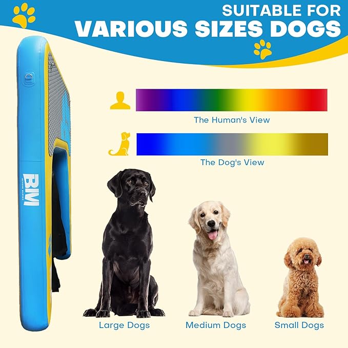 Beyond Marina Dog Pool Ramp, PUP ON! Inflatable Dog Water & Boat Ramp for Lake & Dock, Floating Pontoon Dock Ladder with Non-Slip EVA Platform, Extra Large 4 ft x 3.3 ft, Blue/Yellow, Supports 200 lbs