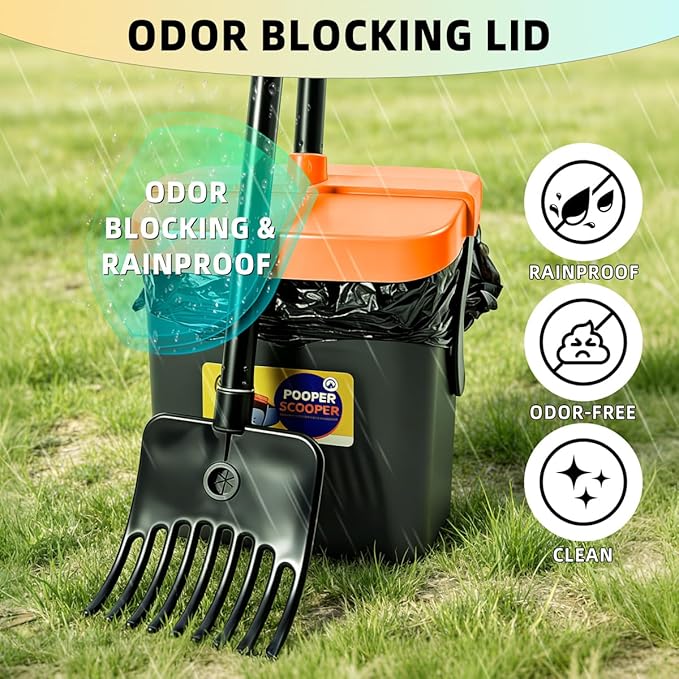46" Pooper Scooper Swivel Bin & Rake for Large Small Dogs with Bag Attachment, Long Handle Poop Scooper with Lid for Yard (Orange)