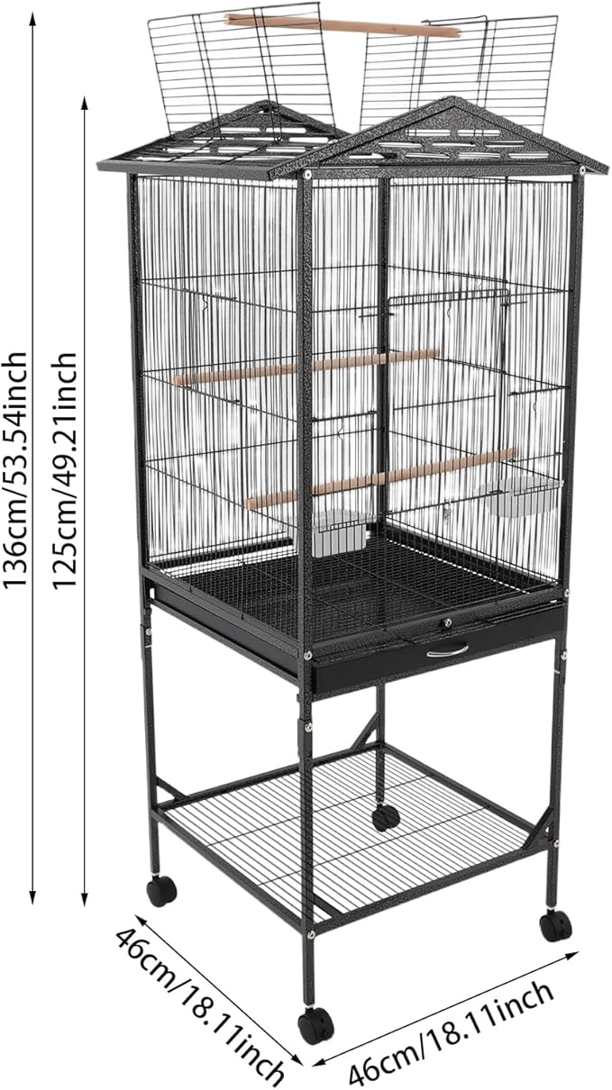 Bird Cage with Wheels, Breeding Cage Wrought Iron Flight Cage with Wooden Stand, Removable Tray & Feeding Bowls for Parrots, Canaries, Lovebirds Finches, 18" L x 18" W x 54" H