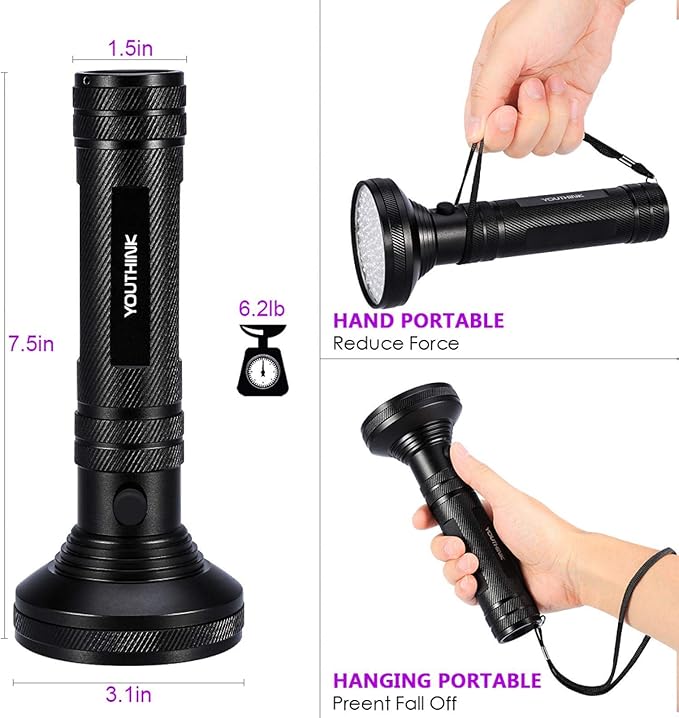 Fdit Black Light Flashlight, 100 LED UV Blacklight, Pet Urine Detector with Sunglasses, Aluminum Alloy, 395nm