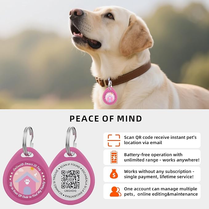 1 Pack Personalized Dog Tags,QR Code Pet ID Tags with Online Profile systerm,Editable Any Names and Phone numbles,Pink,L