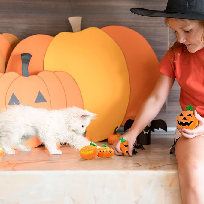 Halloween Pumpkin Toys for Cats Plush Teething Toys Featuring Pumpkin with Range Expressions Embroidery Designs Interactive Plush Toys for Kittens and Cats (8PCS)