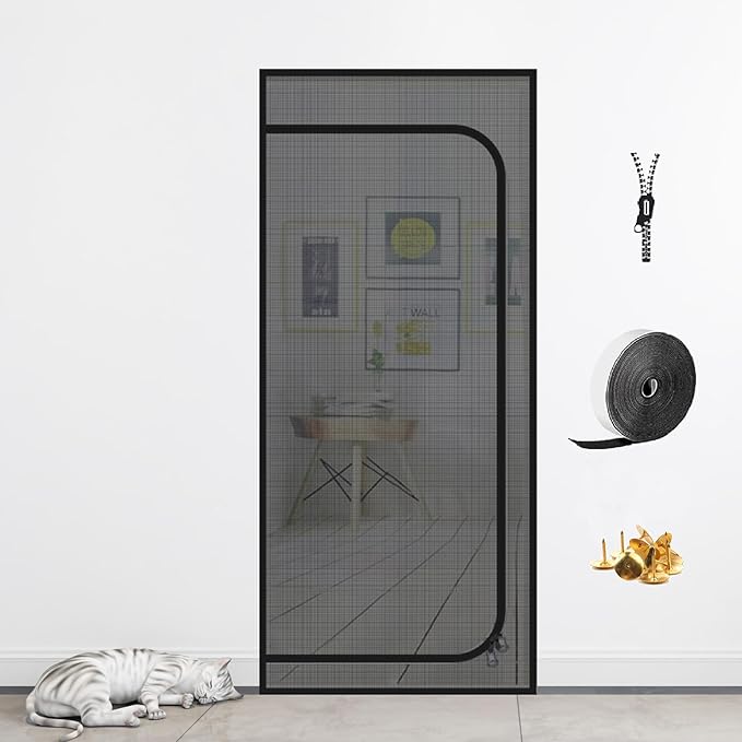 DOOREASY Cat Resistant Mesh Screen to Stop Cats Running Out, Thickened Easy Install Pet Screen Door with Zipper Closure for Doorways, Bedroom, Kitchen, Patio (Fits Doors Up to 30"x80")