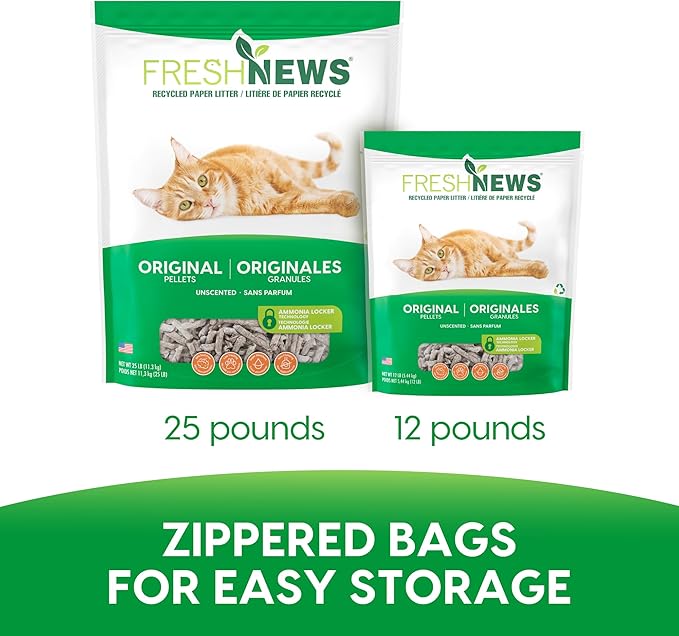Fresh News Recycled Paper Original Pellet Cat Litter, 25 Pound, Non-Clumping, Unscented, Made in USA