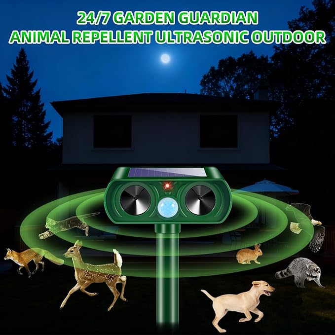 2 Pack Solar Ultrasonic Animal Repeller Outdoor, Cat Deer Repellent Devices with Motion Sensor, IP65 Waterproof Animal Deterrent Devices for Squirrels,Rabbits,Dogs,Raccoons,Skunks for Garden Yard Farm