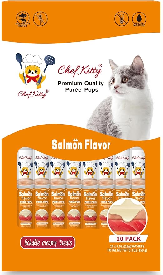 Cat Treats Lickable | Grain-Free Cat Food Toppers & Salmon Treats | Creamy Puree Squeeze Ups with Vitamin E & Taurine, Digestible Formula | 0.5 oz. Each Tube, Salmon Flavor | 10 Tubes