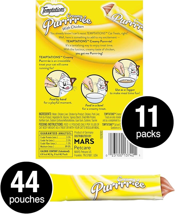 Temptations Creamy Puree Squeezable Lickable Cat Treats, Wet Cat Treats with Chicken, 0.42 oz. Tubes, 4 Count, Pack of 11 (44 Total)