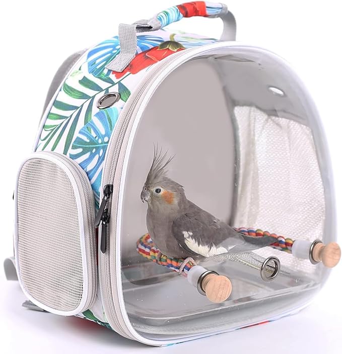 Bird Carrier Backpack, Portable Pet Travel Cage, Transport Bag for Parrots, Small Birds (Flower, One Size)
