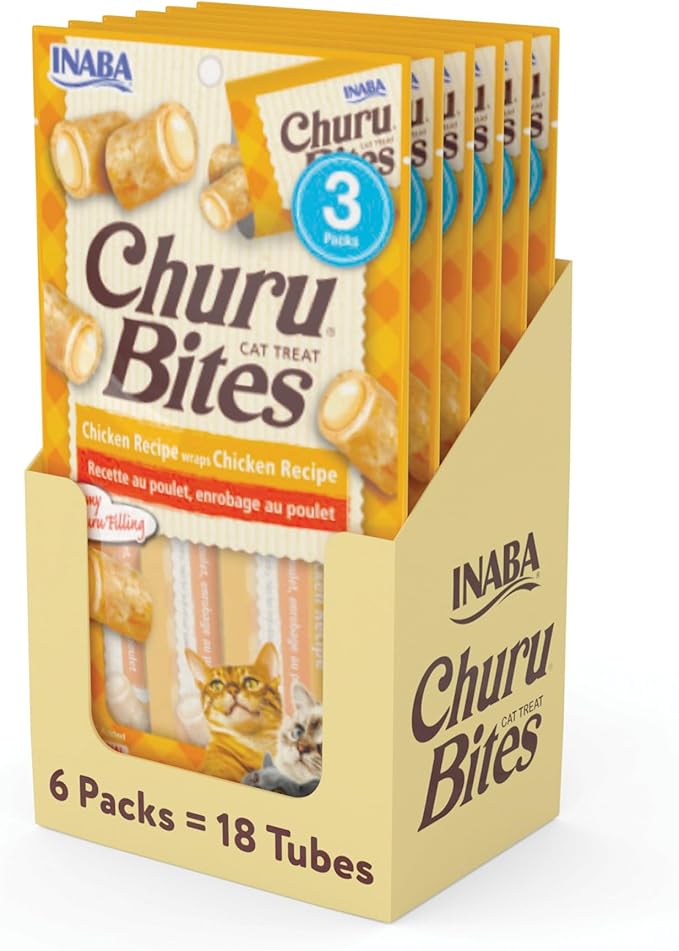 INABA Churu Bites for Cats, Soft/Chewy Baked Chicken Wrapped Churu Filled Cat Treats with Vitamin E, 0.35 Ounces per Tube, 18 Tubes Total (3 Tubes per Pack), Chicken Recipe
