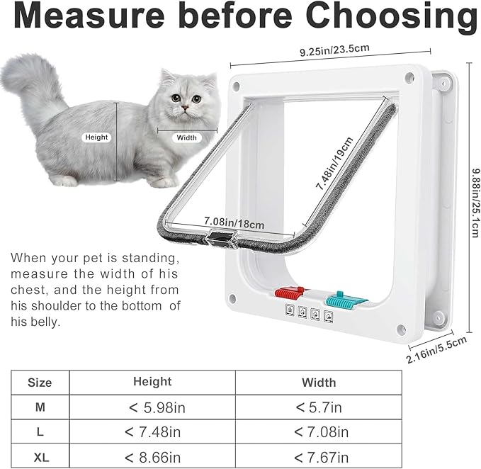 Cat Door, Safety Pet Door with 4 Way Lock, Weatherproof & Easy Installation Cat Flap Door for Interior Exterior Door, Window, Wall(Large, 7.48in x 7.08in Flap)