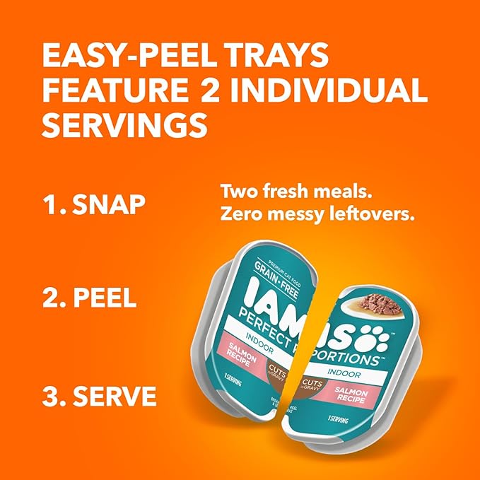 IAMS Perfect Portions Grain Free Wet Cat Food, Indoor Adult Cat Food Wet Cuts in Gravy, Variety Pack: Tuna & Salmon Recipe, 1.98 lb. (Pack of 1) Twin-Pack Trays