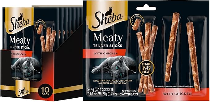 Sheba Meaty Tender Sticks Chicken Cat Treats, Chicken Flavor, Cat Snacks, 0.14 oz., 5 Count, Pack of 10 (50 Sticks Total)