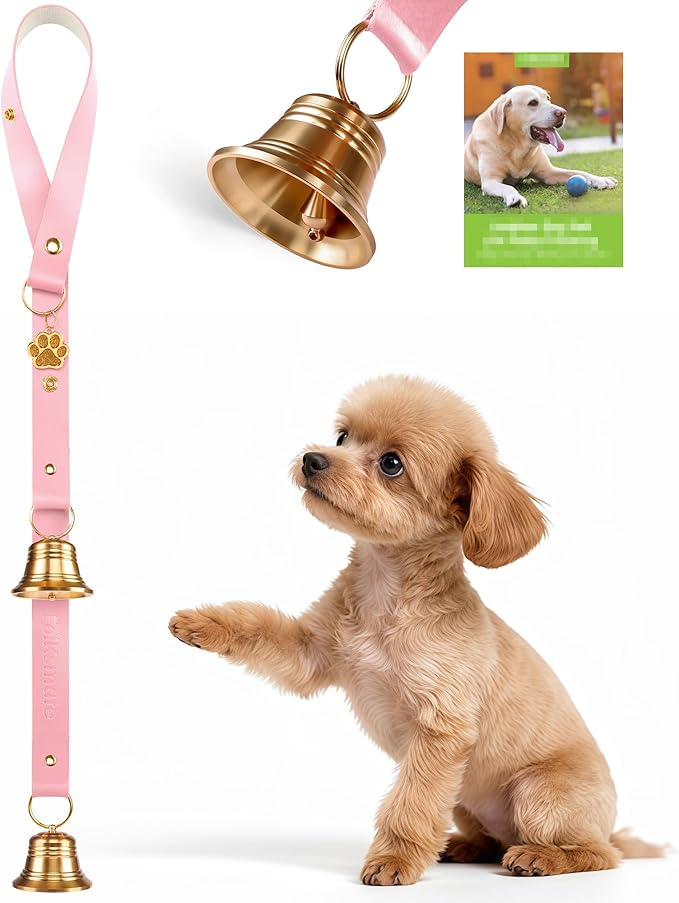 FOLKSMATE Leather Dog Door Bells for Potty Training, Big Brass Puppy Dog Door Bells Extra Loud for Dogs Training, Housebreaking, Door Knob, Dog Bell to Ring to Go Outside Puppy Pet Supplies Pink