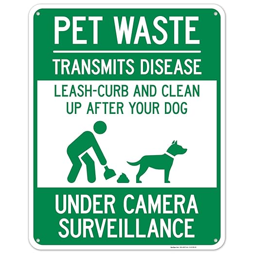 Pet Waste Leash-Curb and Clean Up After Your Dog Under Camera Surveillance Sign, 24x30 Inches, 55 mil Thick HDPS (high Density polystyrene), Made in USA