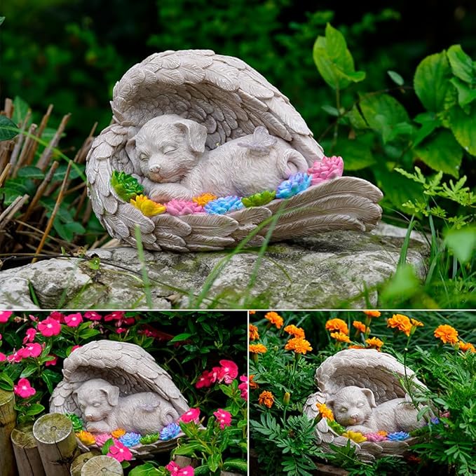 Dog Memorial Stone,Dog Memorial Pet Memorial Stone with Solar Angel Statue - Ideal for Garden or Tombstone Commemoration