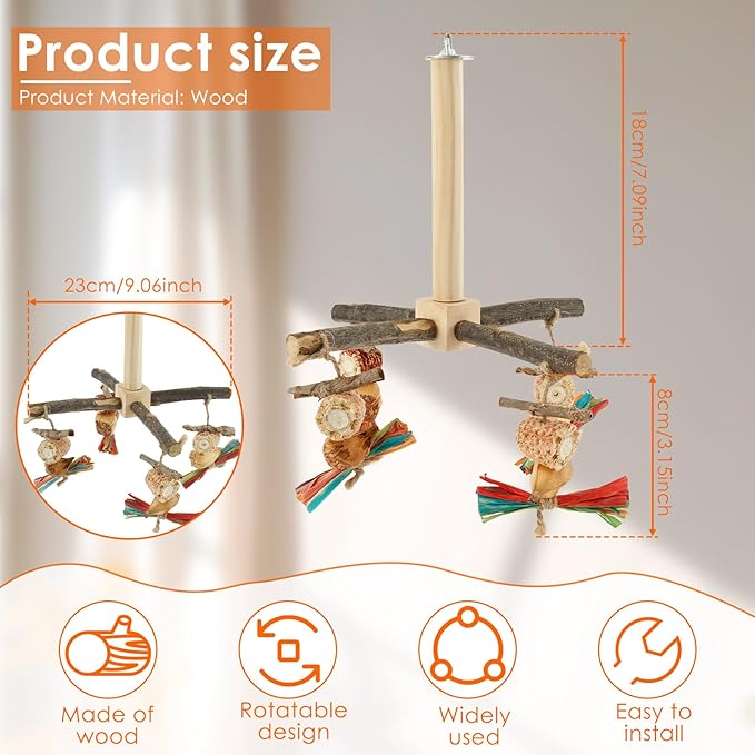 Agape Rotating Parrot Perch Toy with Chew Toy - Natural Wooden Perch Stand, 360° Rotatable Parrot Exercise Standing Perch, Bird Cage Accessories for Small and Medium Sized Birds (String Bite Style)