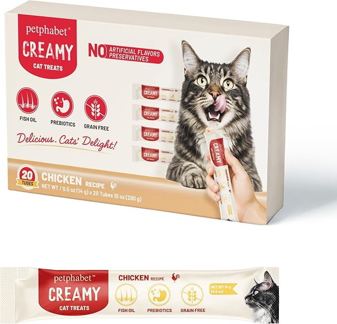 PETPHABET Lickable Cat Treats Squeeze, Creamy Puree Squeezable Wet Kitten Treats, Chicken Recipe 20 Tubes, Paste Snacks for Skin & Coat Health, Digestive Care, High Protein, Grain Free