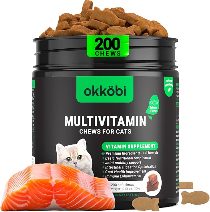 Cat Vitamins for Indoor & Outdoor Pets - 200 Chews - Healthy Cat Treats - Immune, Joint Support, Skin & Digestion - Multivitamin with Omega 3s, Glucosamine & Probiotics