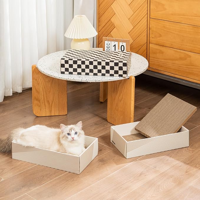Cat Scratcher Box with 4 Scratching Pads&2 Separate Cardboard Boxes,2-in-1 Cardboard Cat Scratch for Multiple Kitten Interactive Play,Checkered(Ball & Fish Catnip Toy Included)