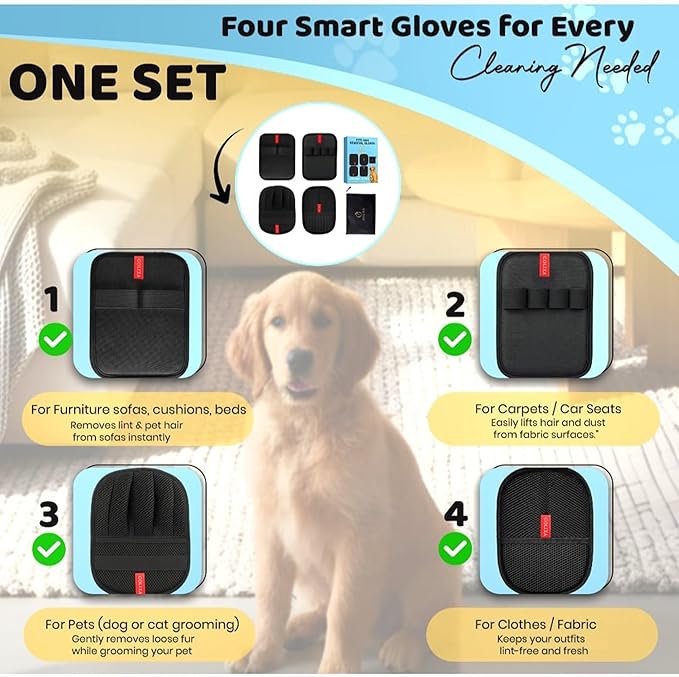 4 Pcs Pet Hair Removal Glove for Dogs & Cats, 4 Designs Electrostatic Magic Brush Pet Hair Remover, Reusable Dog Hair Remover, Washable Pet Grooming Tools for Carpet, Sofa, Clothes & Car Seats
